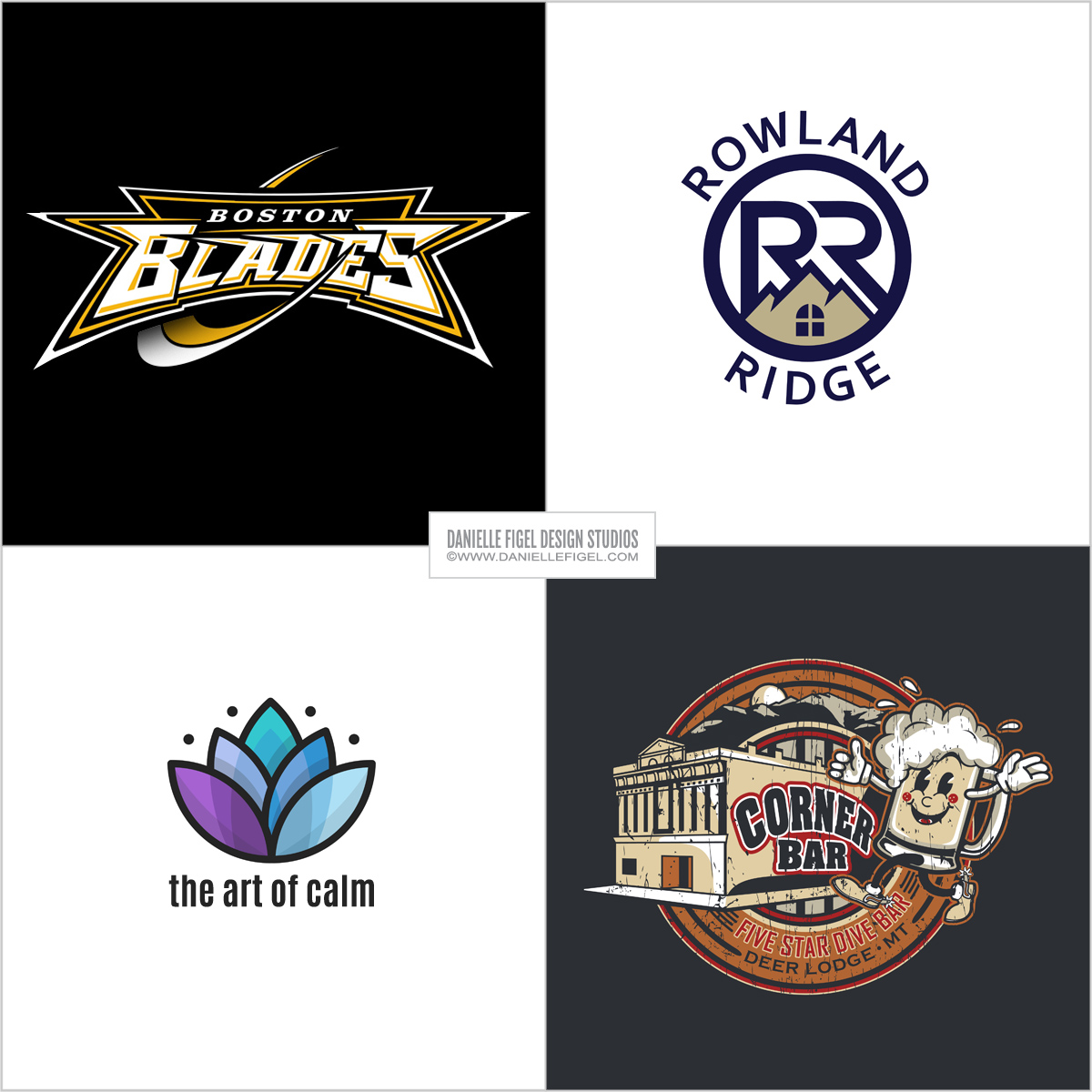 Danielle Figel Design Studios logo design bar logo design beer logo design calm logo design mediatation logo design inner peace logo design boston blades logo design hockey logo design real estate logo design ridge logo design badge logo design clever logo design