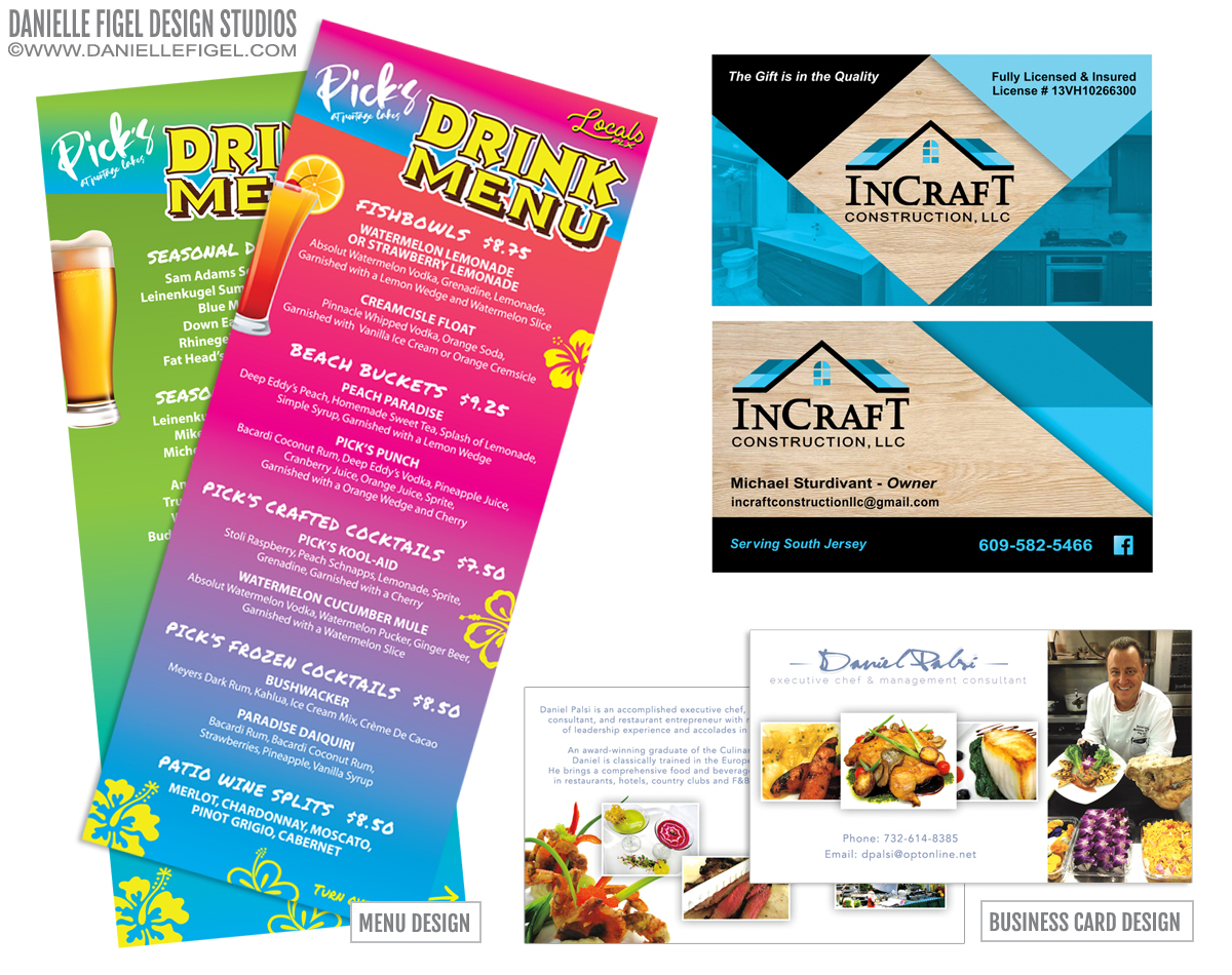 menu design drink menu design business card design for chef business card design for roofing company construction company business card design danielle figel design studios branding design logo design
