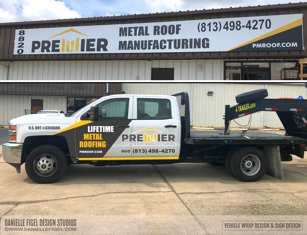 Danielle Figel Design Studios, vehicle wrap design, truck wrap design, truck design ideas, wrap design, vinyl wrap design ideas, vinyl design, sign design ideas, pickup truck design ideas, boat wrap design ideas, brand design, branding, metal roofing logo design, metal roofing brand design, construction vehicle wrap design ideas, store sign design ideas