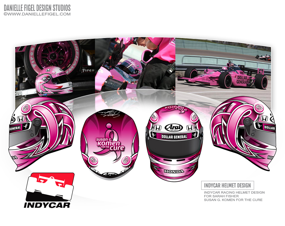 Sarah Fisher helmet design, susan g komen helmet design, pink hemlet design, indycar helmet design, nascar helmet design, nascar hemlet art, helmet art ideas, helmet design ideas, racing helmet design ideas, custom hemlet design, bmx helmet design, motocross helmet design, nascar car design, helmet designer, hemlet illustration, helmet artist, Danielle Figel Design Studios