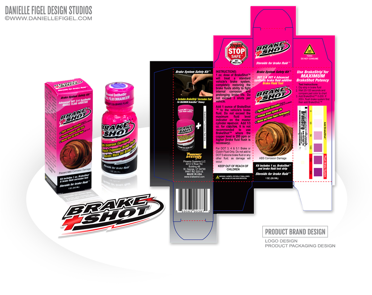 automotive logo design, automotive packaging design, product packaging design, logo design, brake fluid logo design, box design, box printing template ideas, Danielle Figel Design Studios