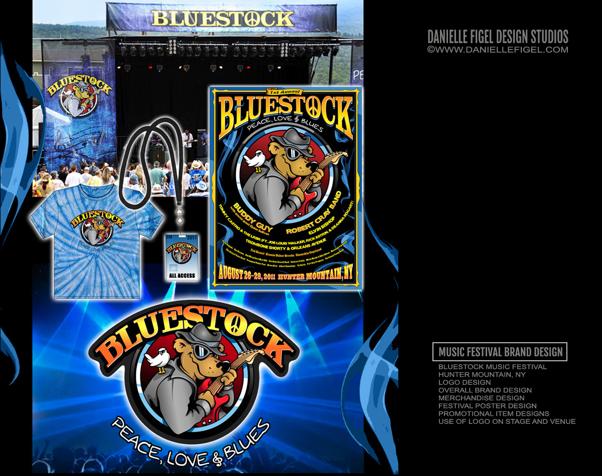 Bluestock logo design, music festival brand design, music festival branding, music festival poster design ideas, bear logo design, blues logo design, blues festival logo design, blues festival t-shirt design, blues festival stage design, stage design ideas, mountain jam design, backstage pass design ideas, woodstock logo design, woodstock t-shirt design, Danielle Figel Design Studios